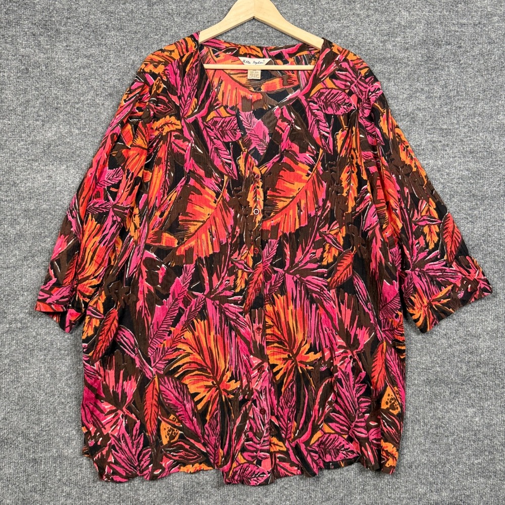 Ulla Popken Size 20/22 Tunic Blouse Orange Cotton Gauzy Tropical Button Colorful